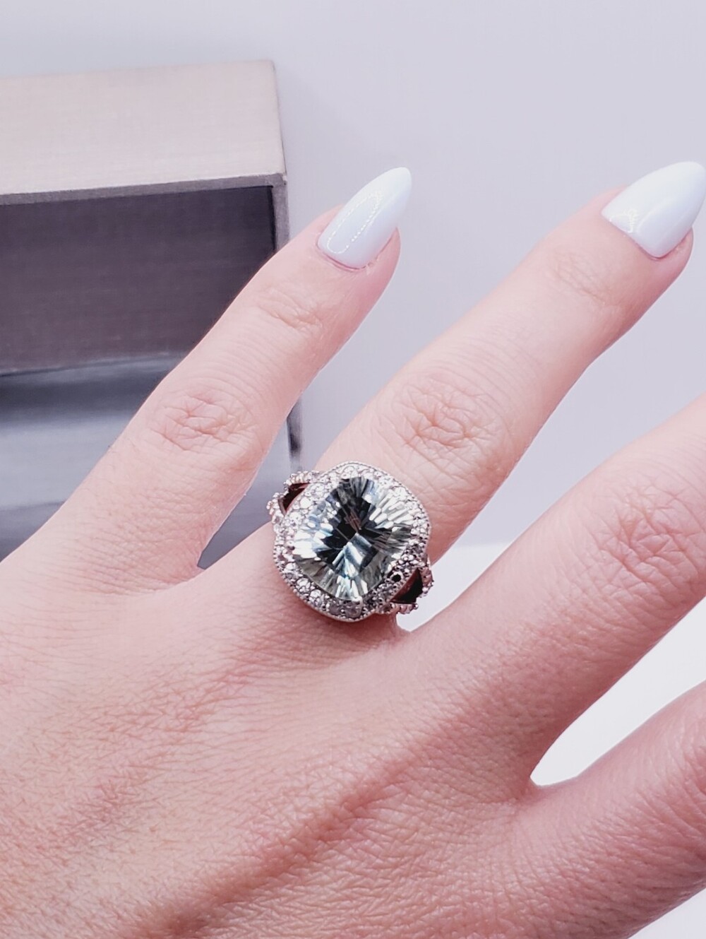 Fancy Cut Prasiolite - Green Amethyst & White Zircon 925 Sterling Silver Ring - Picture 5 of 12